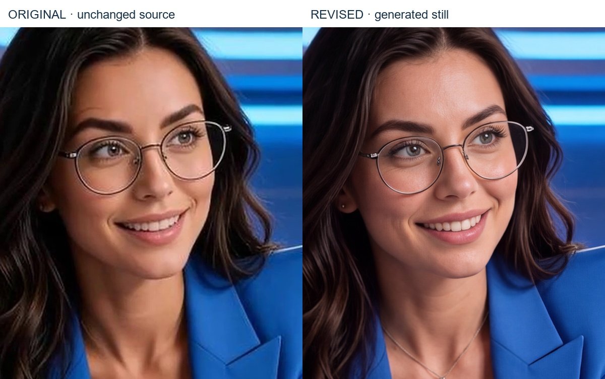 Radio’s earlier newsroom frame: original left, generated revision right. Identical crop coordinates were applied after normalizing dimensions. No additional skin sharpening or retouching was added to this comparison.