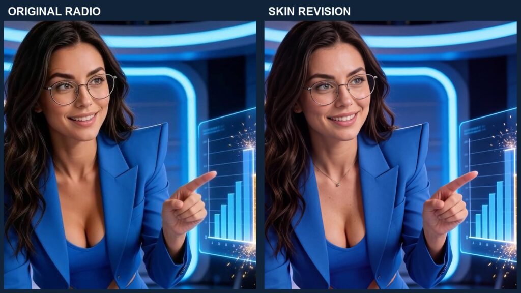 Radio before and after skin revision, preserving her glasses, dark hair and blue newsroom outfit