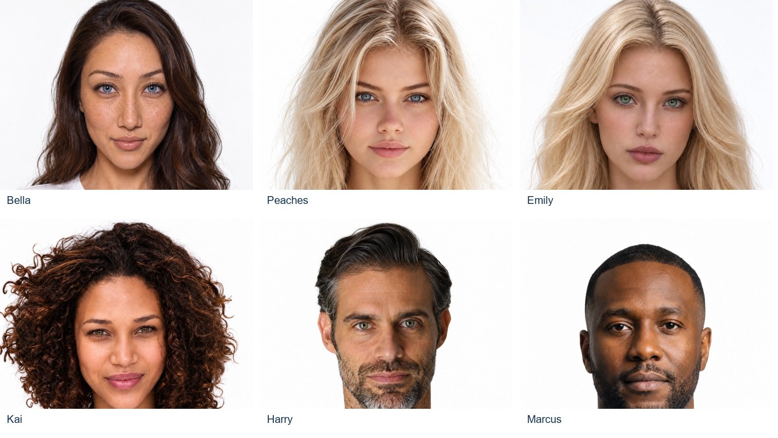 Six of the generated portraits in this study. These are new candidate stills, not photographs of real employees. All eleven characters are examined below.