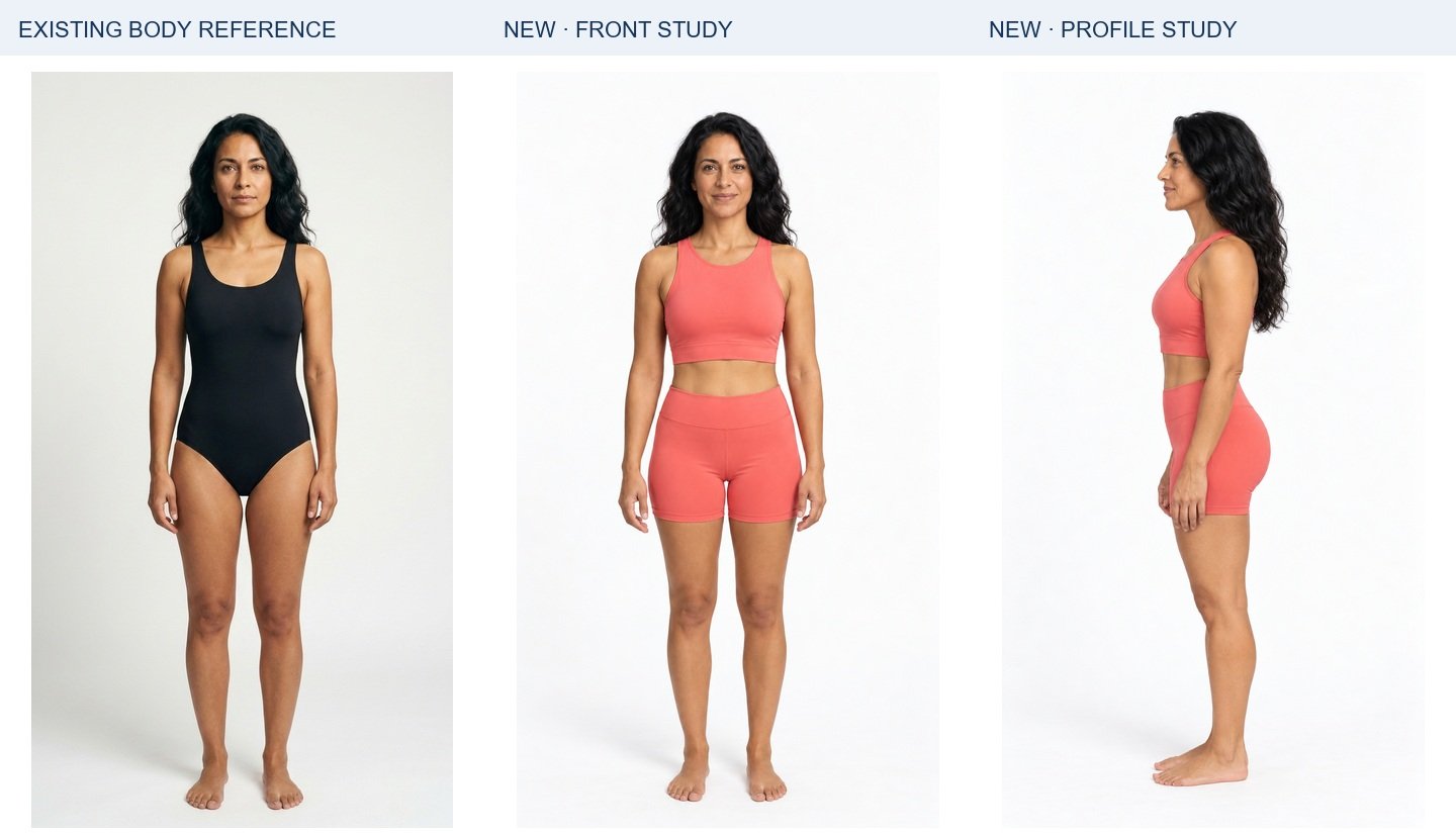 Valentina: existing body authority, new frontal study and new profile. Panels are resized independently for display; they do not establish relative height or exact dimensions.