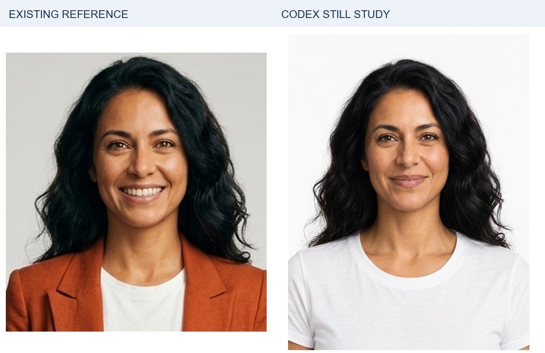 Valentina: existing identity reference left; new Codex portrait right. Source crops are proportionally resized for display; a small source crop cannot reveal detail the original never contained. Clothing, lighting and framing differ. Neither side receives extra sharpening or retouching.