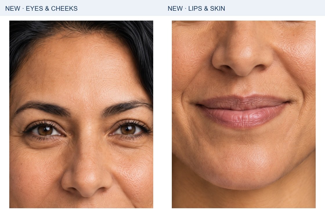 Valentina: independently generated eye/cheek and mouth/skin studies. These show rendered detail, not a magnification test of the original source.