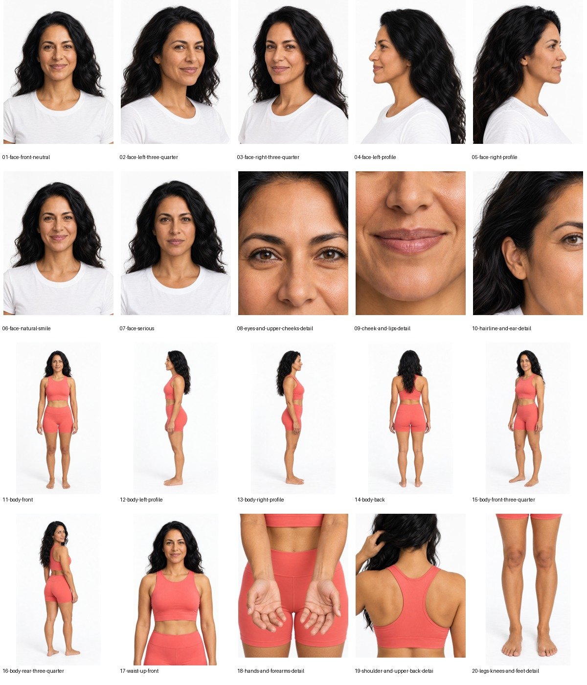 Valentina: all twenty individual selected outputs. The sheet is a derived layout; clothing coverage and identity imperfections remain visible.