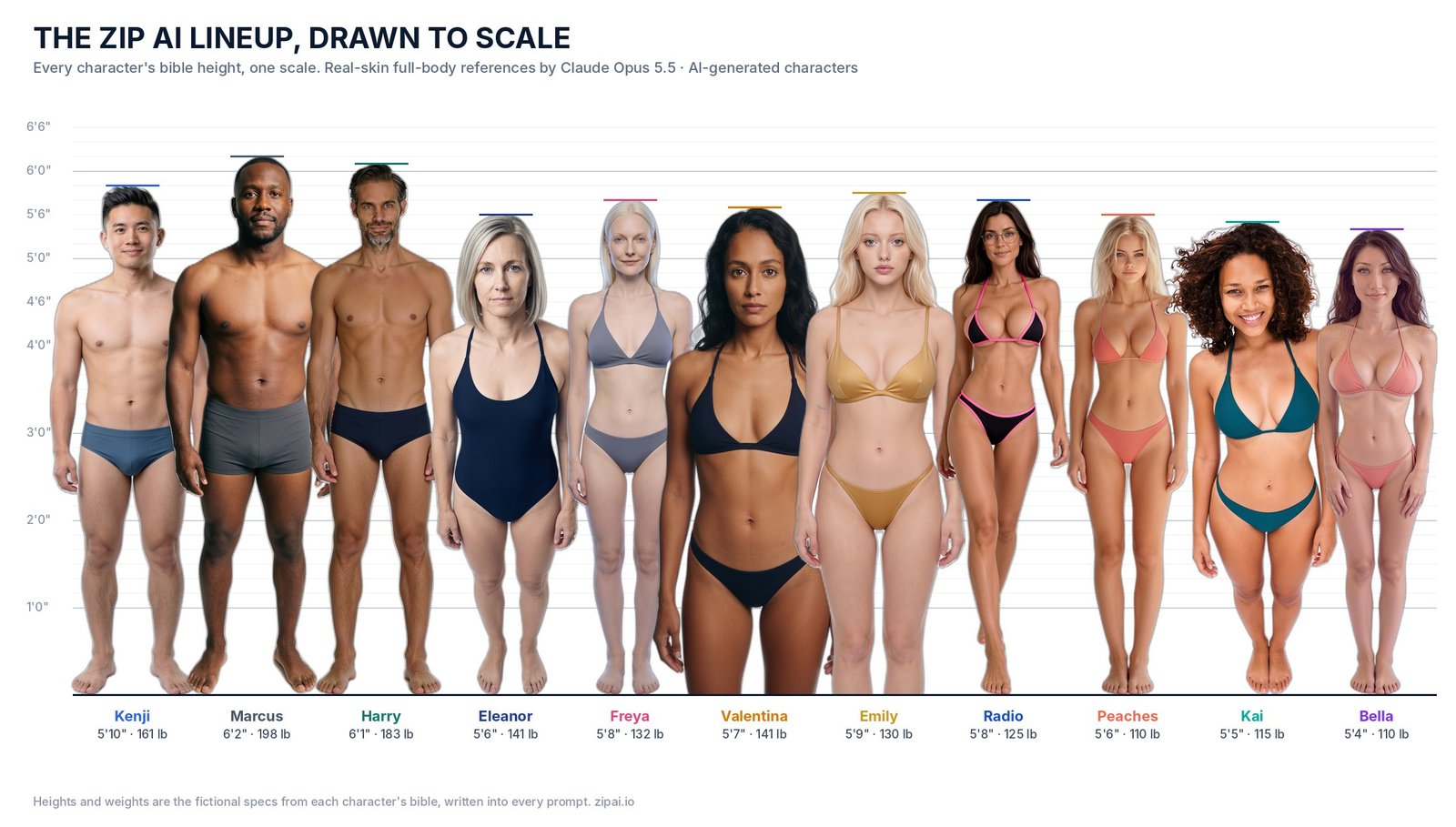 All eleven Zip AI characters lined up to scale by their character-bible heights